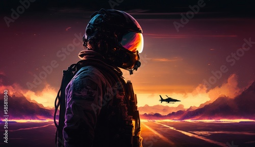 sunset backlit view of military fighter jet pilot beside parked military airforce plane next to barracks or hangar as wide banner with copyspace - Generative AI