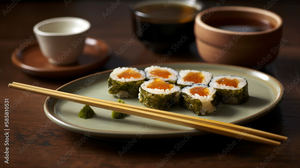 A Feast for the Senses: Sushi Roll Plate with Wasabi and Soy Sauce