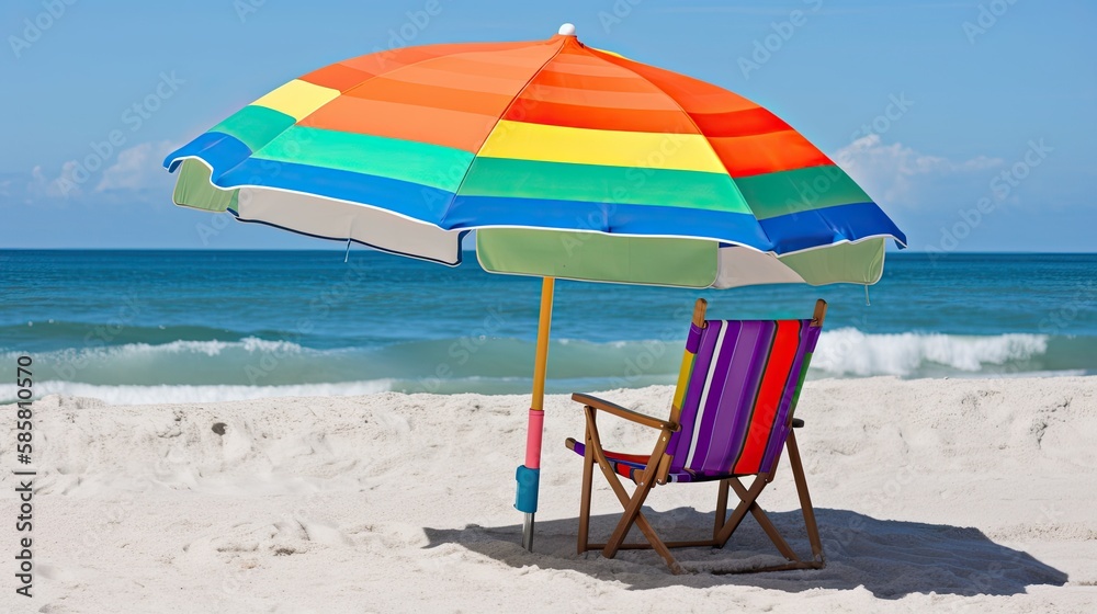 Colorful beach umbrella and chair set up on the sand in summer. Generative AI