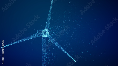 Wind turbine eco power technology concept with particle line art, renewable energy generate from green alternative electric source, Innovative windmill background 3D illustration