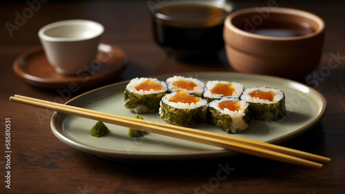 A Feast for the Senses: Sushi Roll Plate with Wasabi and Soy Sauce