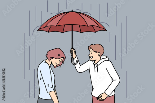 Caring man hold umbrella above unhappy distressed woman. Loving male cover from rain upset female show help and assistance. Vector illustration. 