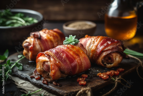 Grilled Chicken Legs Wrapped in Bacon delicious meal by Ai generated.