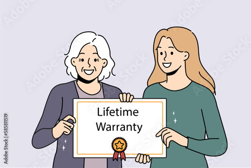 Smiling caregiver with elderly patient holding lifetime warranty food good quality service. Happy mature woman with guarantee assurance certificate in hands. Vector illustration. 