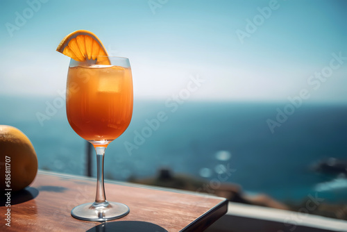 Cocktail on wooden table against blue sky and sea. Generative AI technology. 