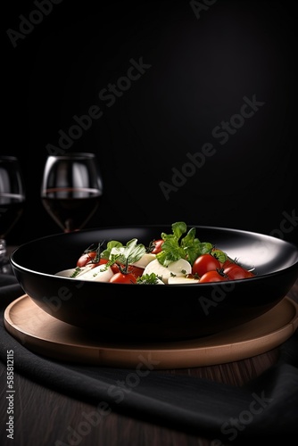 a commercial food photography of a fresh salad made of tomatoes and mozzarella with a little bit of basil