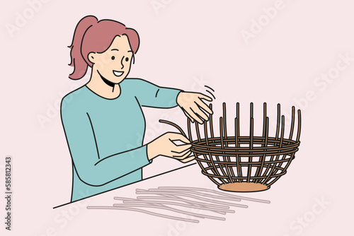 Smiling woman weaving basket from wicker at home. Happy girl engaged in creative design process with furniture or decor making. Vector illustration. 