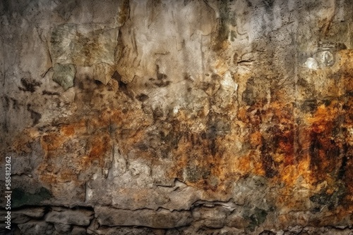 weathered stone wall with rust stains. Generative AI