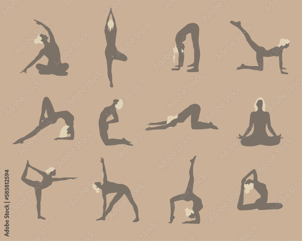 12 girls silhouette set in sand colors gray and light yellow on dirty brown background in different poses doing exercise sport yoga for web apps banners