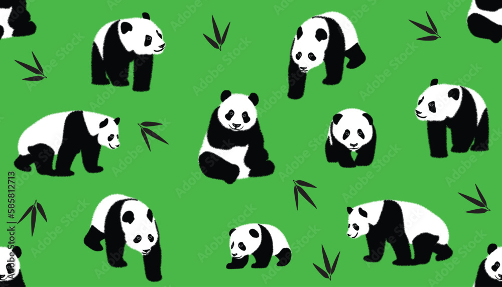 Set of realistic adult giant pandas bears and their cubs. Animals of China. panda illustrations set. Vector seamless pattern with hand drawn pandas. Cute characters, beautiful design elements, perfect