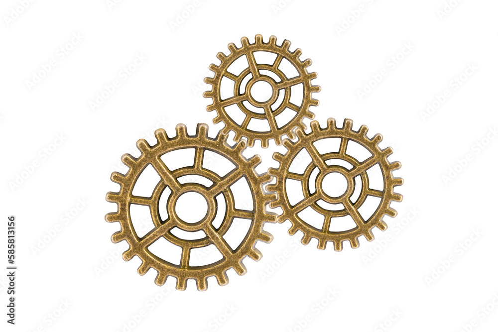 Gear and cogs wheels isolated on a white background, clock mechanism, brass metal engine industrial. Gear and cogs wheels isolated on a white background, clock mechanism, brass metal engine industrial.