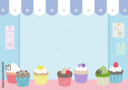 お店に並ぶカップケーキのイラスト