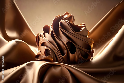 Close up of a whipped chocolate swirl. Chocolate splash on dark background. 3d renderingd illustration. Generative AI technology. photo