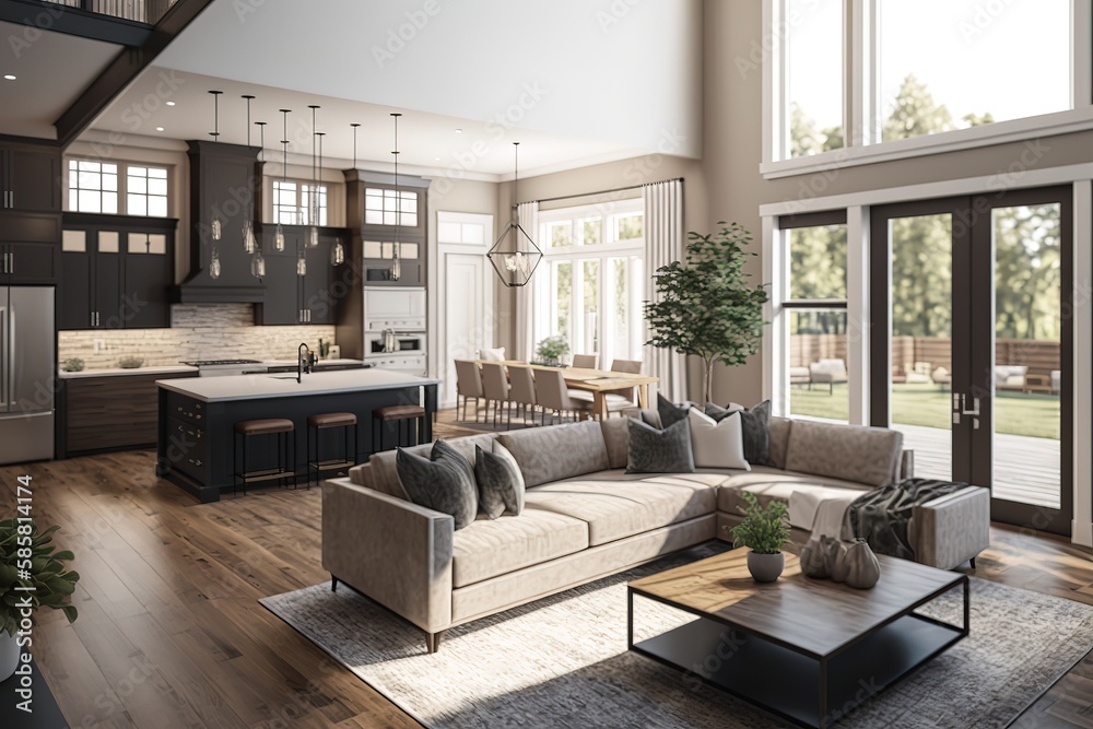 custom made wallpaper toronto digitalBeautiful living room interior with hardwood floors, view of kitchen and dining room in new luxury home. Generative Ai.