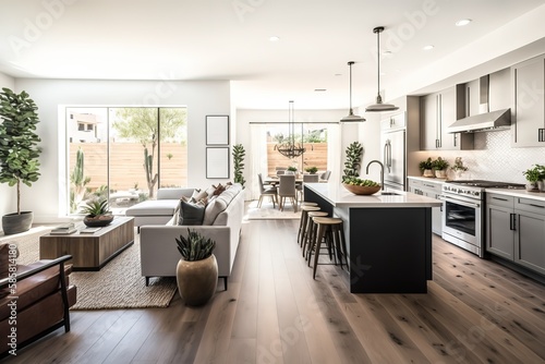 Beautiful living room interior with hardwood floors, view of kitchen and dining room in new luxury home. Generative Ai.
