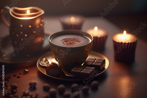 Cup of coffee and chocolate candies on wooden table in cozy room. Copy spase. Bokeh background. Artistic blur. Generative AI technology.
 photo