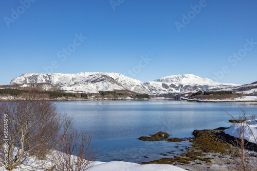 Winter landscape on the coast in Broennoey municipality, Helgeland coast, Norway