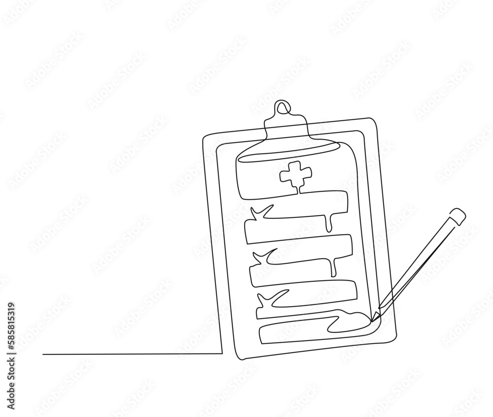 Continuous one line drawing of clipboard and pen. simple medical check
