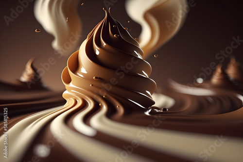 Close up of a whipped chocolate swirl. Chocolate splash on dark background. 3d renderingd illustration. Generative AI technology. photo