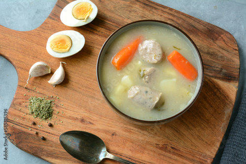 The sour soup (zurek) made of rye flour with sausage and egg. Popular Easter dish