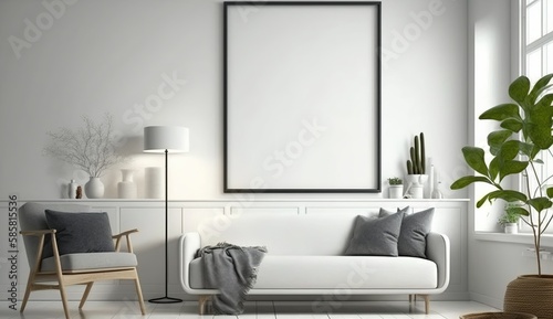 White blank poster mockup in living  scandinavian style  Generative ai