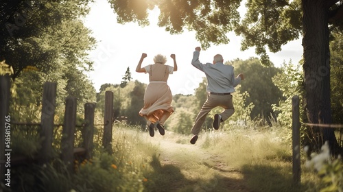 Happy senior couple jumping in spring on a meadow path in park