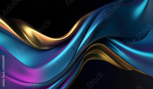 Abstract Background with 3D Wave Bright Gold and blue with dark bg. Generative ai.