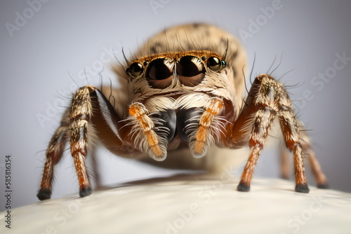 macro of cute jumping spider isolated on gray background, made with generative ai