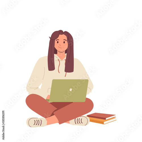 Young girl student character sitting on floor with pile of books using laptop for online learning