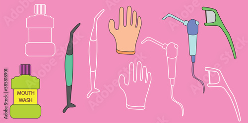  Dentist tools flat design cartoon style vector illustration.Dental tools icon set isolated on pink background.