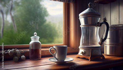 An old scratched geyser coffee maker is standing near the window. Glass and geyser coffee maker on the windowsill of an old wooden house. photo
