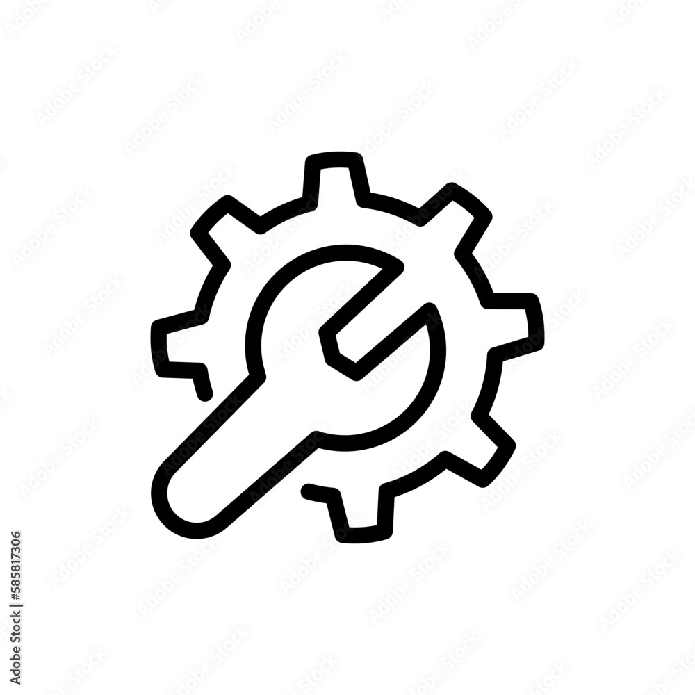 Cogwheel and wrench line icon. Symbol of adjustment, repairs, technical service or support Cogwheel and wrench line icon. Symbol of adjustment, repairs, technical service or support
