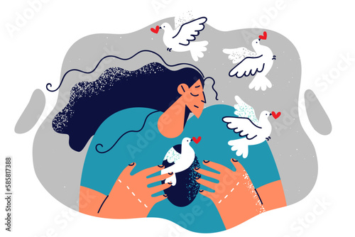 Woman with hole in body and flying doves symbolizes liberation from romantic addiction