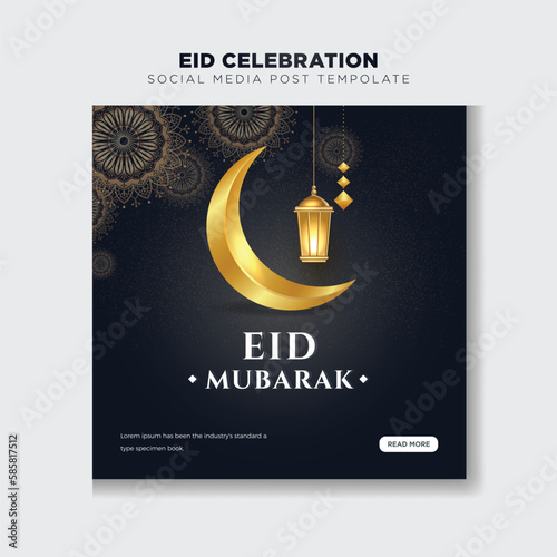 Eid Mubarak fully editable social media post template design with a crescent moon and calligraphy golden color for greeting cards, invitation cards and eid celebration