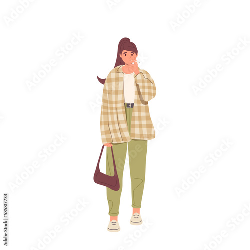 Young hipster woman making deep inhale of smoke from cigarette standing on white, smoking concept