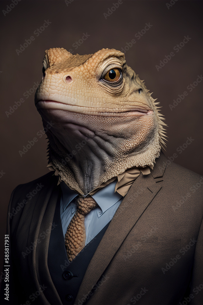 lizard businessman in a suit on isolated background, bearded dragon wearing a suit, corporate working animals concept, generative ai