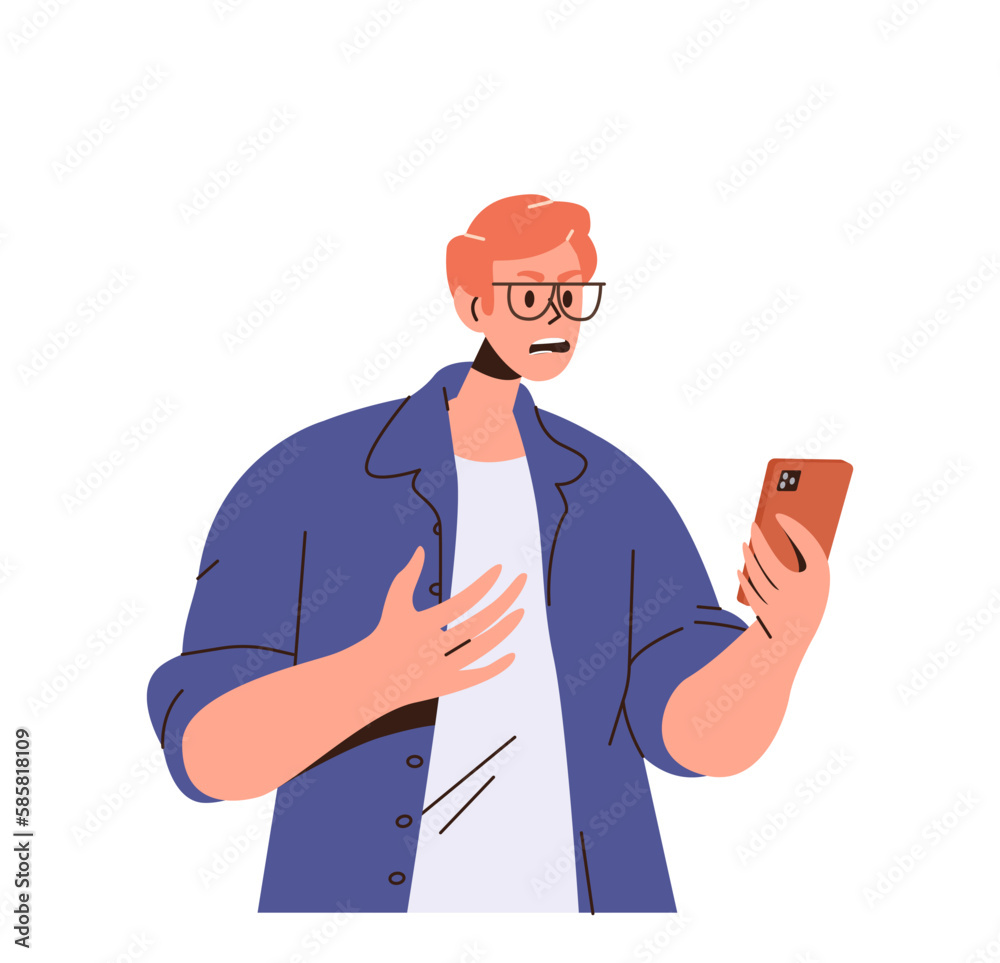Young angry furious man character screaming and shouting while looking at mobile phone screen Young angry furious man character screaming and shouting while looking at mobile phone screen