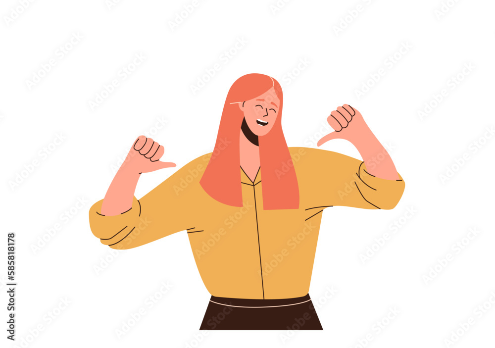Happy smiling confident woman character pointing to herself expressing sense of self-assurance Happy smiling confident woman character pointing to herself expressing sense of self-assurance