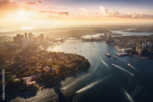 Wallpaper Mural Sydney Harbour in an elevated aerial perspective with major architectural monuments of the city and of Australia in warm, morning sunlight