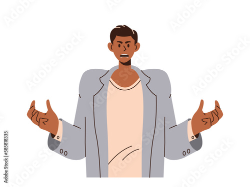 Angry man character screaming and shouting raising hands frowning face feeling negative emotions