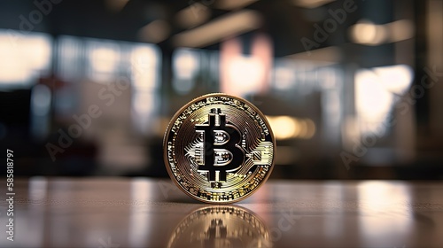 bitcoin on table with bokeh light background Generative Ai