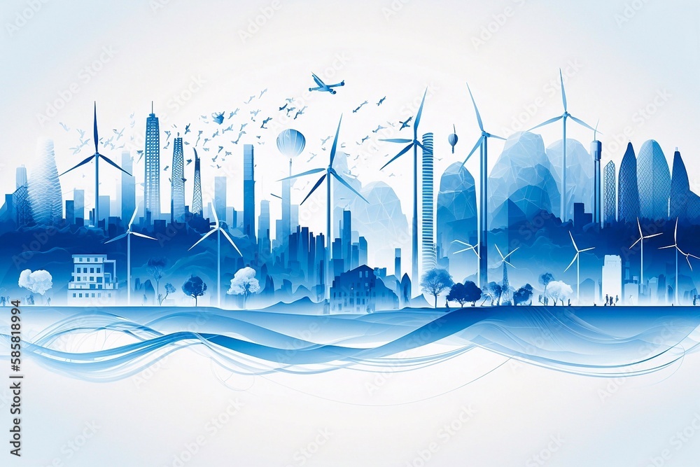 Smart energy city skyline with nature and power grid and wind turbine ...