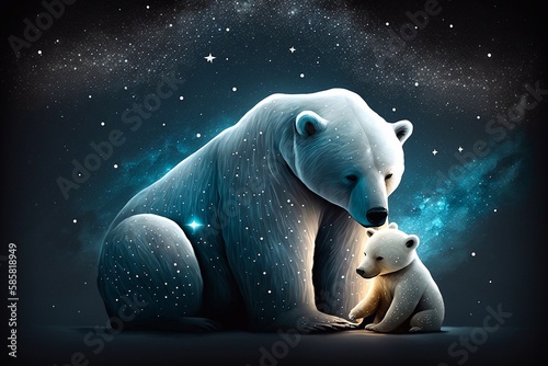 Mother polar bear and baby polar bear under the stars. Generative AI