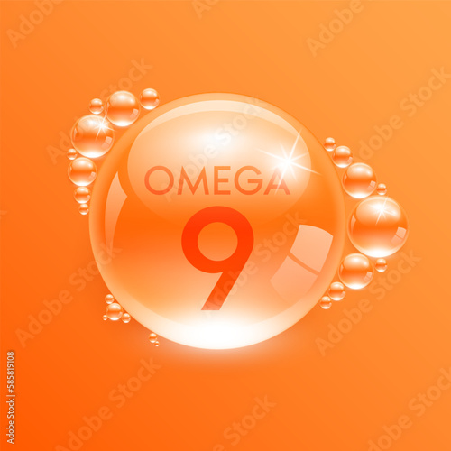 Drop water fish oil omega 9 orange. Polyunsaturated fatty nutrient. Vitamins complex from nature. Water drop isolated on yellow background. Medical concepts. 3D Realistic Vector EPS10.
