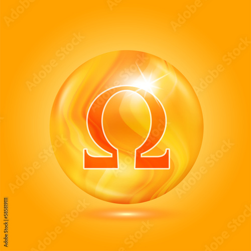 Omega 3 fish oil. Fatty acid capsule essential vitamins. Pills improving heart, eyes, bones, lower cholesterol level. Omega sign for dietary supplement and healthy nutrition. 3d Vector EPS10.