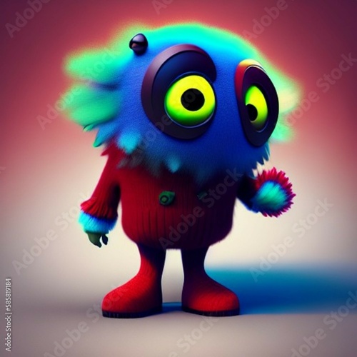 cute, funny, cool monster with big eyes, long arms, colorful skin and red boots, colorful long hair, gradient background, Generative AI
