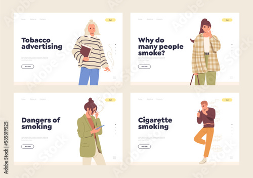Set of landing page with smoking young people character and anti-tobacco information advertising