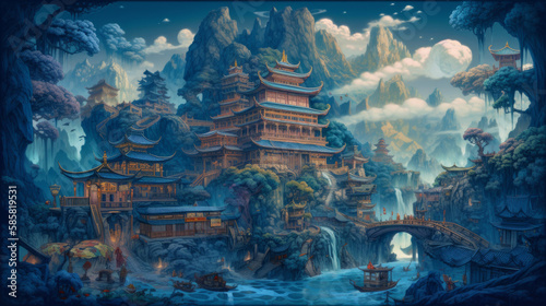 Peaceful Chinese scenery with ancient buildings illustration  Generative AI