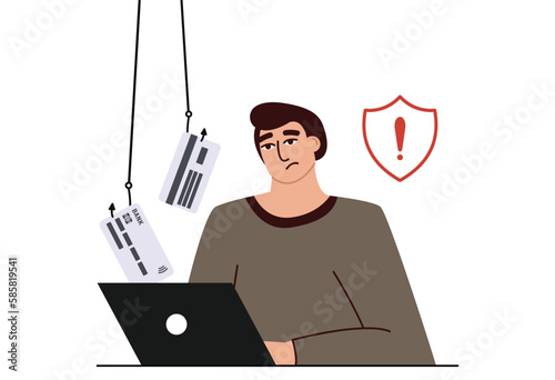 A frustrated and sad man looks into a computer in which a hacker and thief steals his card data and social networks. hack attack. internet phishing. A thief on a website online on the internet vector