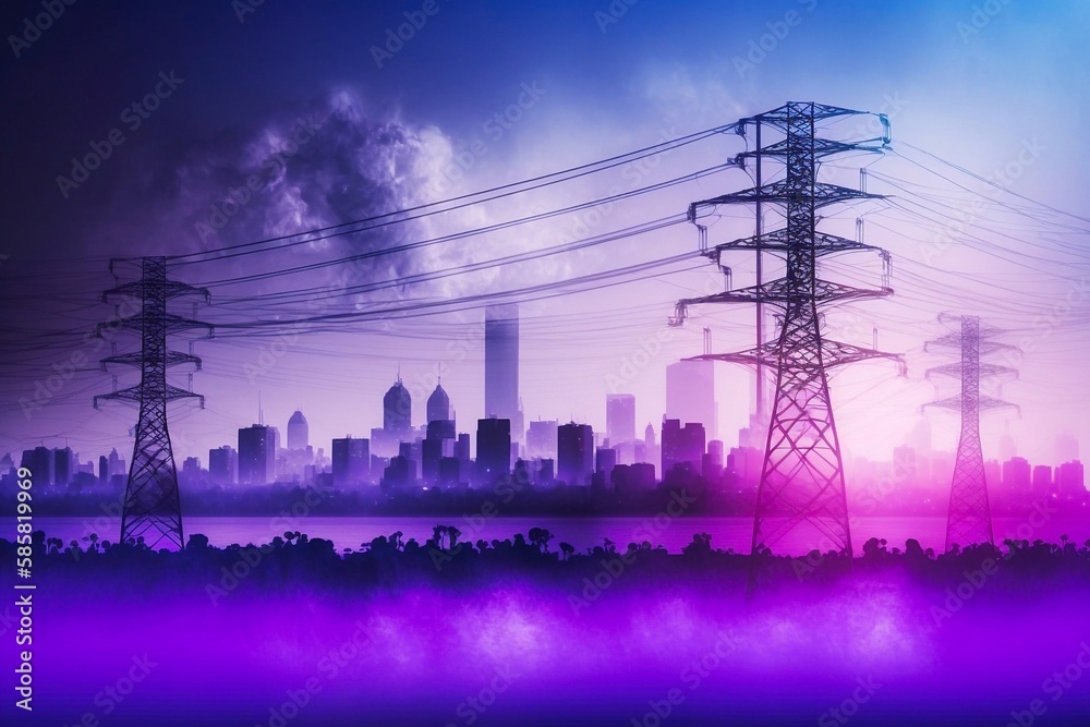 Smart energy city skyline with nature in bright purple gradient. Generative AI